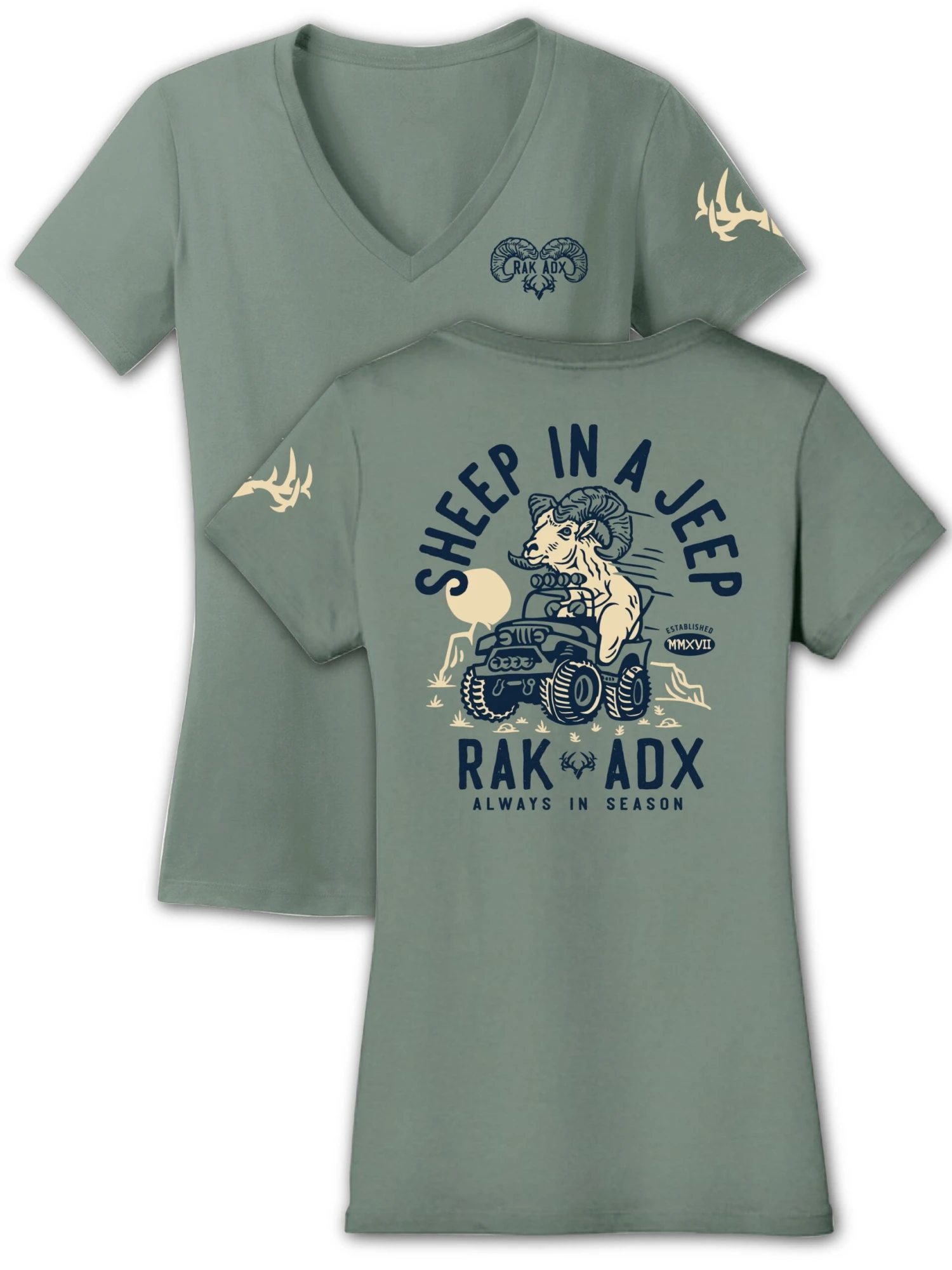 Ladies "Sheep In A Jeep" Laurel Green Garment Dyed T-Shirt 3 Ladies "Sheep In A Jeep" Laurel Green Garment Dyed T-Shirt